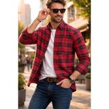 Varetta Erkek Kırmızı Kışlık Gömlek Kareli Yünlü Cepli Geniş Kesim - XL - Koyu Kırmızı