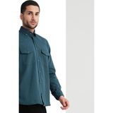 Varetta Erkek Koyu Turkuaz Çift Cepli Likralı Lewis Model Gabardin Kumaş Kot Gömlek - XL