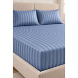 Varol %100 Pamuk Saten Stripe Battal Boy (King Size) Lastikli Çarşaf Takımı – 30 cm – 2 Yastık Kılıfı – 180X200 - Indigo - İndigo - 180 x 200