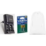 Varta 9V Şarjlı Pil (1 Adet) + Sertec STC-C9V AA-AAA-9V Uyumlu 4lü Pil Şarj Aleti + Saklama Kılıfı