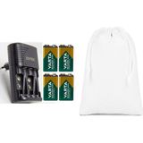 Varta 9V Şarjlı Pil (4 Adet) + Sertec STC-C9V AA-AAA-9V Uyumlu 4lü Pil Şarj Aleti + Saklama Kılıfı