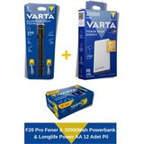 Varta Acil Durum Kiti, F20 Pro Fener & 20000MAH Powerbank & Longlife Power Aa 12 Adet Pil - Siyah