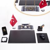 Varta Siyah Deri 6 Parça Sümen Takımı – 50x35 cm Sümen, 30x11 cm Kristal Kapaklı Masa İsimliği ve Aksesuarlar