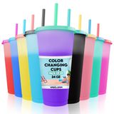 VASOLERIA Kapaklı ve Pipetli Renk Değiştirme Bardakları 9 adet, 24 oz - 9 Çoklu Renkte Kapaklı Yeniden Kullanılabilir Bardaklar - Soğuk Kahve, Smoothie için Mükemmel - Bonus 2 Bardak Temizleme Fırçası