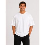 Vasto Moda Erkek Oversize Kalın Dokulu %100 Organik Pamuk Bisiklet Ribana Yakalı Beyaz T-Shirt