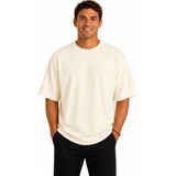 Vasto Moda Erkek Oversize Kalın Dokulu %100 Organik Pamuk Bisiklet Ribana Yakalı Ekru T-Shirt