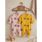 Vavbaby Ayıcık Desenli Pamuklu Bebek Tulum Seti - 2’li Paket (Sarı-Pembe) - Sarı - Pembe - 3 - 6 Ay