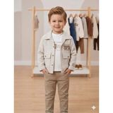 Vavbaby Erkek Çocuk Bej Keten Görünümlü Gömlek Ceket Tshirt Pantolon 3’li Takım - Beyaz