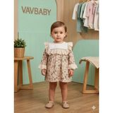 Vavbaby Kız Bebek Fisto Yaka Detaylı Uzun Kollu Dantelli Gül Desenli Vintage Elbise - 6 - 9 Ay - Bej