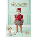 Vavbaby Kız Bebek Leopar Desenli Bandanalı Kısa Kollu Askılı Jile Elbise ve Çıt Çıt Body Takımı - Kırmızı - 3 - 6 Ay
