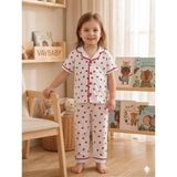 Vavbaby Kız Çocuk Pamuklu Kruvaze Yaka Önden Düğmeli Küçük Kalp Desenli Mevsimlik Alt Üst Pijama Takım - Beyaz - 9 - 12 Ay