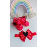 VaVbaby Polka Miki Puantiyeli Kız Bebek Bandana ve Ayakkabı 0-6 Ay Şirin Sevimli Rahat Yumuşak Taban