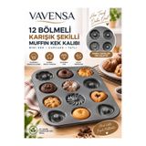 VAVENSA 12 Bölmeli Karışık Şekilli Muffin Kek Kalıbı Mini Kek ve Cupcake Kalıbı