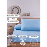 Vavey Pamuklu Çizgili Saten Tek Kişilik Lastikli Çarşaf Seti 100 x 200 cm 30 cm 1 Adet Yastık Kılıfı - Açık Mavi