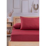 Vavey Pamuklu Çizgili Saten Tek Kişilik Lastikli Çarşaf Seti 100 x 200 cm 30 cm 1 Adet Yastık Kılıfı - Bordo