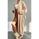 Vaveyla Kadın Bej Şal Yaka Uzun Triko Hırka | Oversize & Rahat Model