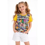Vaxy Style Kız Çocuk Relax Fit Baskılı Tişört Minecraft Oyun Karakter Tasarım Pamuklu Kısa Kollu Sarı T-Shirt