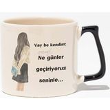 Vay Be Kendim Eğlenceli Hediyelik Beyaz Baskılı Siyah Kulplu Modern Seramik Kupa