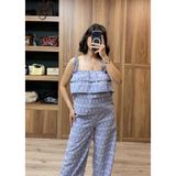 Vazıradk Çiçek Desenli Fırfırlı Bluz Takım - 40 - Mavi