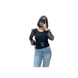 VAZIRADK Kolu Tüllü Bel Tokalı Bluz Siyah XL