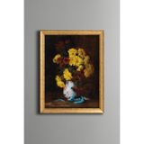 Vazoda Sarı ve Kırmızı Çiçekler - Vintage Desenli Çerçeve - İnce Model, Altın3, 15 x 21