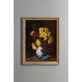 Vazoda Sarı ve Kırmızı Çiçekler - Vintage Desenli Çerçeve - İnce Model, Altın4, 21 x 30