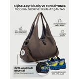 VB Collection Kadın Spor ve Seyahat Çantası Su Geçirmez Naylon Ayakkabı Bölmeli Geniş Hacimli Fitness Omuz Çantası - Kahverengi