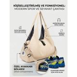 VB Collection Kadın Spor ve Seyahat Çantası Su Geçirmez Naylon Ayakkabı Bölmeli Geniş Hacimli Fitness Omuz Çantası - Krem