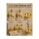 vb vitrinbanyo 3'lü Lüks Hamam Seti 2 Adet Gold Desenli Perlatörlü Osmanlı Musluğu +Gold Hamam Tası Pirinç Kurna Musluğu Seti