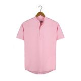 VEAVEN Erkek Koyu Pembe Hakim Yaka Yarım Patlı Dik Çizgili Kısa Kollu Slim Fit Gömlek