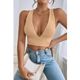 VEAVEN Kadın Krem Çapraz Sırt Detaylı Crop Top Bluz
