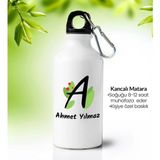 vegahediye v vega Kişiye Özel Tasarım Baskılı Kancalı Beyaz Çelik Su Matarası 600ML. - 600 ml