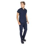 Vehbi Erkek Doktor Hemşire Forması Scrubs Likralı Esnek Kumaş Hastane Nöbet Takımı (Zarf Yaka Yarasa Kol) - 4XL - Lacivert