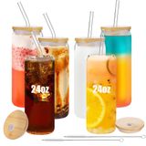VEIDIA 6'lı Paket 24 oz İçme Bardakları Buzlu Kahve Fincanları Bambu Kapaklı ve Pipetli Bardak Bardakları Bardak Şekillendirilebilir Cam Gups Boba Smoothies Soda Suyu Çay için Büyük İçecek Kutusu Bardakları
