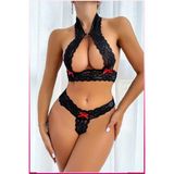 Veille Dantelli Fiyonk Detaylı Şık Bralet Külot Takımı - XL - Siyah