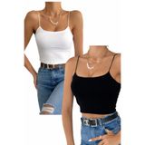 Velarise İp Askılı Astarlı Crop Büstiyer Bluz Siyah ve Beyaz İkili Set