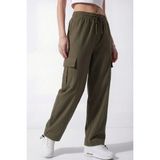 Veleno Kadın Haki Oversize Paraşüt Kumaş Kargo Cepli, Ayarlanabilir Paça Klipsli, Baggy Pantolon - 2XL
