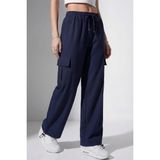 Veleno Kadın Lacivert Oversize Paraşüt Kumaş Kargo Cepli, Ayarlanabilir Paça Klipsli, Baggy Pantolon - XL