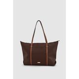 Velie Paraşüt Kumaş Şeritli Shopper Çanta Acı Kahve-Taba - 45 x 30 x 10 cm - Koyu Kahverengi - Taba