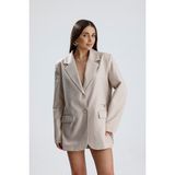 Velizade Kadın Bej Oversize Kruvaze Yaka Astarlı Düğmeli Blazer Ceket Cep ve Vatka Detaylı Tesettür