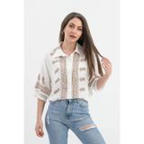 VELİZADE Kadın Kahverengi Vintage Desenli Polo Yaka Kısa Viskon Gömlek Kolu Püsküllü Oversize