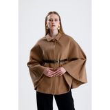 Velizade Kadın Kaşe Yarasa Kol Pelerin Panço Deri Kemer Detaylı Polo Yaka Broş Düğmeli Kışlık Ceket Tesettür - XL - Camel