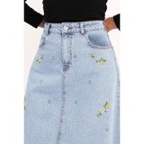 Vellichor Çiçekli Nakış Detaylı Uzun Denim Etek- Açık Mavi - 46