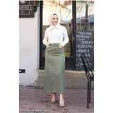 Vellichor Mango Kemerli Düz Mini Etek %76 Polyester %21 Viskon %3 Elastan Düşük Bel Ofis Görünümü - 48 - Haki