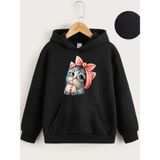 Velmora Fashion Çocuk Kapüşonlu Tatlı Kedi Baskılı Sweatshirt - Siyah - 9 - 10 Yaş