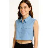 Velmora Fashion Crop Poplin Gömlek Yalancı Cepli, Ayarlanabilir Yan Kordonlu, - Bebe Mavisi - - Standart