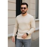 Velmora Fashion Erkek Bisiklet Yuvarlak Yaka Triko Kazak Pamuklu Kalın Fitilli Dokuma, Regular Fit Uzun Kollu Kışlık Model - Bej