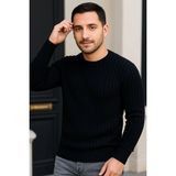 Velmora Fashion Erkek Bisiklet Yuvarlak Yaka Triko Kazak Pamuklu Kalın Fitilli Dokuma, Regular Fit Uzun Kollu Kışlık Model - Siyah