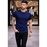 Velmora Fashion Erkek Body Tişört Bisiklet Yaka Slim Fit Likralı T-Shirt - Lacivert - 2XL