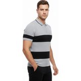 Velmora Fashion Erkek Çizgili Triko Dokuma Polo Yaka Yarım Fermuarlı Regular Kalıp Tişört - Gri - 2XL